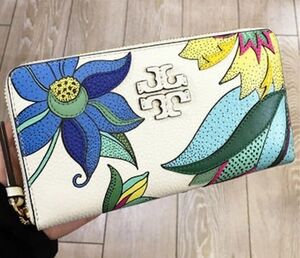 Tory Burch Thea Applique Continental Leather Wallet White Floral Zip Purse NEW